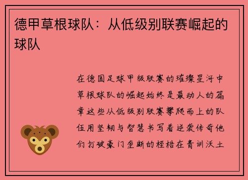 德甲草根球队：从低级别联赛崛起的球队